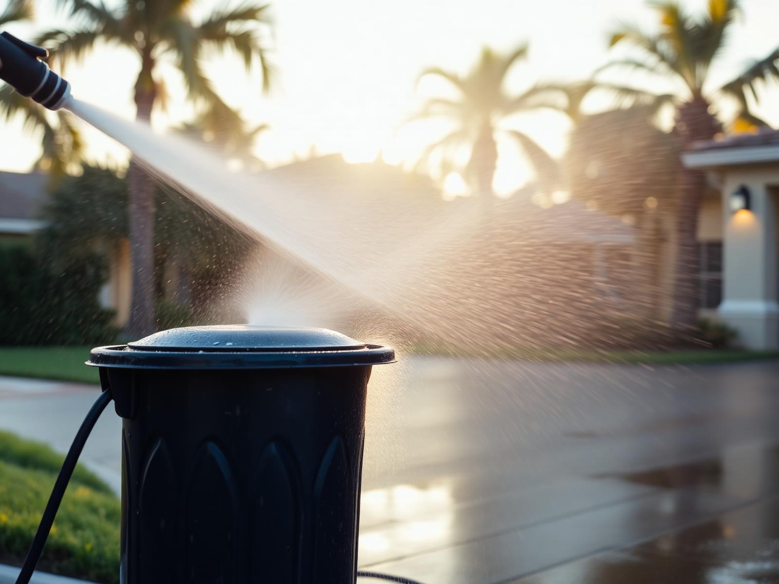 Pressure-washing a trash bin in a Florida driveway at golden hour